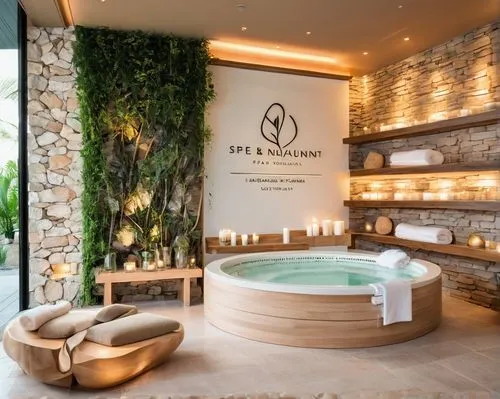 Relaxing spa scene, modern minimalist architecture, glass walls, wooden accents, lush greenery, calming ambiance, warm lighting, serene atmosphere, natural stone flooring, comfortable seating area, so