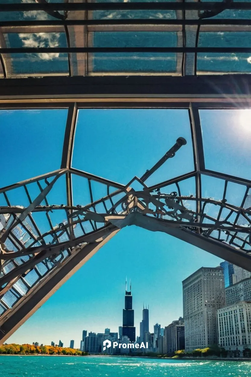 Chicago, Lake Michigan, architectural landmarks, evening tour, golden hour, sunny weather, calm lake water, sailboat, luxurious yacht, wooden dock, vintage lighthouse, Willis Tower, Tribune Tower, Nav