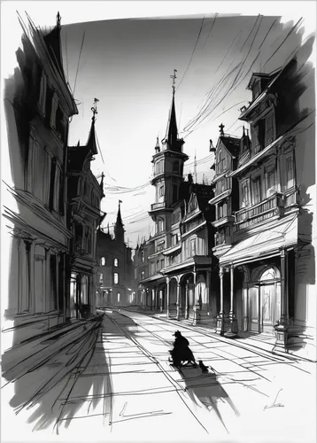 red square,shanghai disney,street lamps,townscape,street scene,the red square,concept art,scribble lines,ghost town,backgrounds,black city,street lamp,old town,sketch,hamelin,city scape,de ville,city ​​portrait,roofs,old city,Illustration,Black and White,Black and White 08