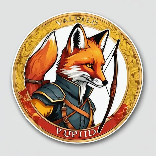 Fantasy emblem logo for wargame token depicting a cunning red fox archer, anthropomorphic ((including the word "Vulpid")), yellow-toned token, illustration, vibrant ((circular token)) on white backgro