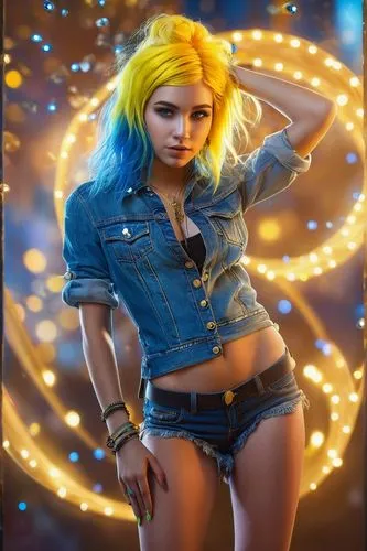 Pretty girl, yellow and blue hair, belly-ring, high resolution,disco,aurora yellow,vada,electro,neon body painting,stud yellow,lis,io,rockabella,rainbow background,orangina,navi,hula hoop,ammo,jean bu