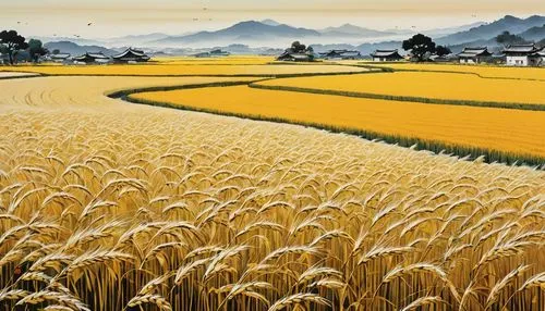 yamada's rice fields,wheat field,wheat fields,wheat crops,ricefield,rice field,the rice field,rice fields,field of cereals,cultivated field,barley field,grain field,yellow grass,straw field,grain field panorama,rural landscape,farm landscape,japan landscape,fields,strand of wheat,Photography,General,Realistic