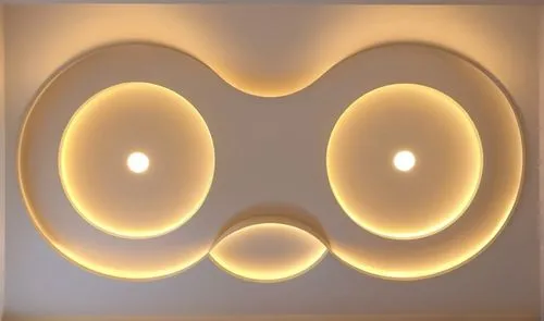 Gypsum decoration in the ceiling of a room with hidden LED lighting the ceiling,the modern ceiling features three circles and round lights,wall lamp,wall light,luma,bomberman,wooser,bombyx,Photography