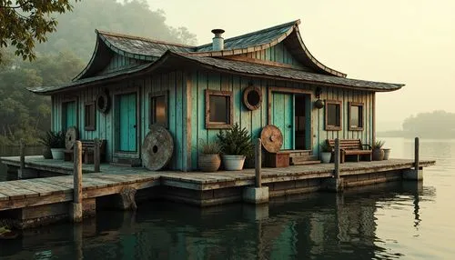 Rustic wooden boathouse, distressed finishes, weathered planks, curved lines, irregular shapes, vibrant turquoise accents, nautical ropes, porthole windows, corrugated metal roofing, worn wooden docks