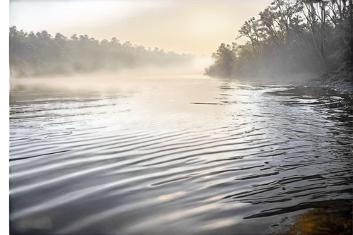 River, calm water, transparent, reflective surface, gentle ripples, subtle wave patterns, soft sunlight penetration, shallow depth, natural scenery, realistic texture, high-resolution detail, wet look