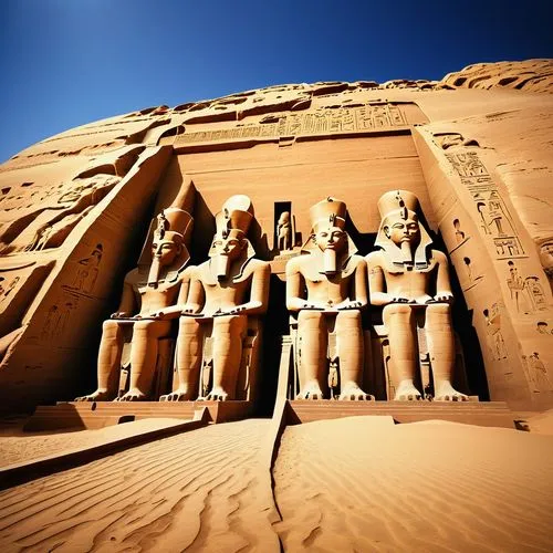 Ancient Egyptian temple, Abu Simbel, grandiose structure, colossal statues, pharaoh Ramses II, intricate hieroglyphics, sandy dunes, Nubian desert, blue sky, dramatic sunlight, detailed stone carvings