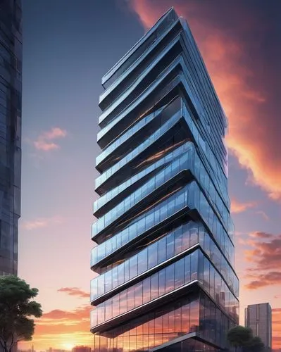 Modern office building, futuristic architecture, sleek lines, glass facade, steel frame, rectangular shape, multiple floors, cityscape background, sunset lighting, detailed reflection on windows, subt