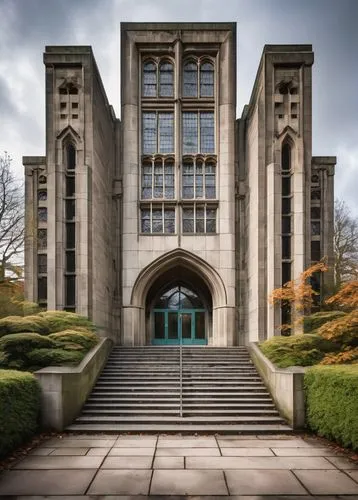 Manchester University architecture, Ashworth Laboratories building, brutalist style, concrete structure, geometric shapes, angular lines, modernist design, Oxford Road campus, urban landscape, autumn 