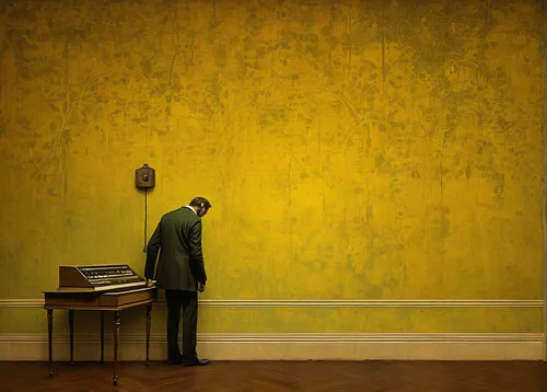 Imagine a futuristic sci-fi story where a yellow wallpaper holds the key to uncovering a dark government conspiracy.,yellow wallpaper,yellow wall,yellow background,organist,social distancing,man with 