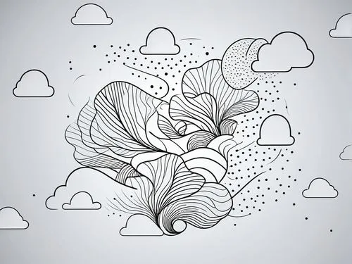 an abstract line art design with white clouds in the sky,cloud mushroom,paper clouds,cloud image,butterfly vector,butterfly clip art,cloud play,Illustration,Black and White,Black and White 04