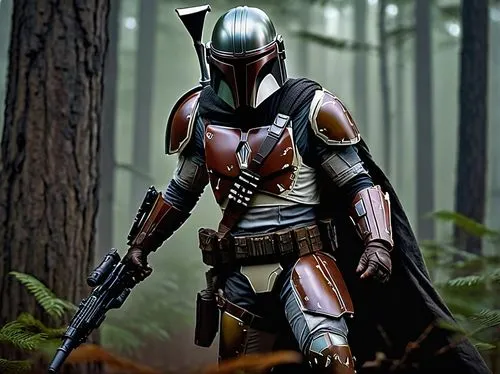 Mandalorian, predator, male, muscular, armor, helmet, cape, blaster, rifle, hunting, forest, trees, misty atmosphere, low-key lighting, 3/4 composition, dynamic pose, intense facial expression, detail