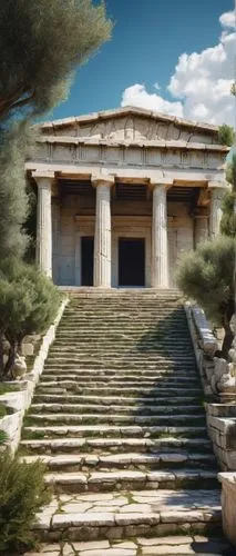 Ancient Greek temple, Doric columns, ornate carvings, white marble, grand entrance, stairs leading up, surrounded by lush greenery, olive trees, sunny day, blue sky with few clouds, warm lighting, dra