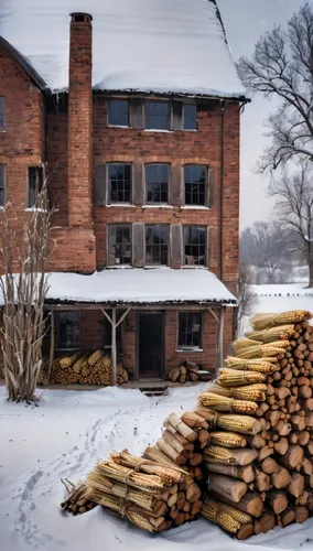 many logs of lumber piled next to a house covered in snow,wood pile,lumberyard,pile of firewood,lumberyards,woodpile,old mill,Photography,General,Natural