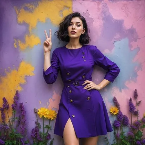 thumb,a woman in a purple coat stands against a colorful painted wall with a yellow and white flower,purple dress,kimbra,la violetta,violetta,violeta,violette