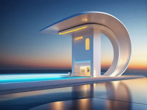 Create an image of a cutting-edge sea-based petrol station featuring a single futuristic gas tank tailored for fueling speedboats. The station's design should exude modernity and minimalism, with a dy