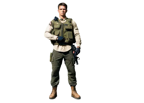 Military soldier, muscular man, serious facial expression, short brown hair, camouflage uniform, bulletproof vest, combat boots, M16 rifle, helmet, binoculars, standing at attention, strong posture, d