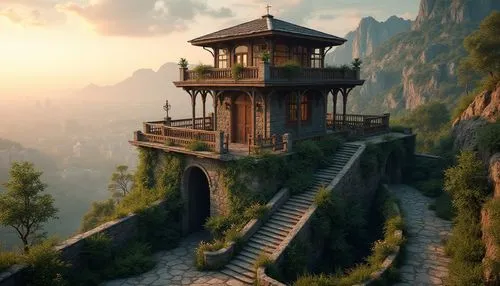 tigers nest,lookout tower,wudang,watch tower,house in mountains,asian architecture,teahouse,mountain settlement,house in the mountains,stone pagoda,cliffside,observation tower,hanging temple,uncharted,dojo,thai temple,watchtower,ancient house,huashan,roof landscape,Photography,General,Realistic