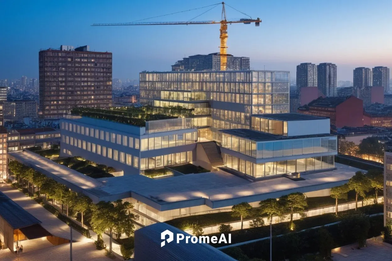 an offices building with cranes on the roof and sky view big balkony,juilliard,julliard,hongdan center,bjarke,difc,schulich,Photography,General,Realistic