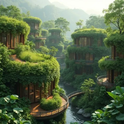 shaoming,ecotopia,rainforests,tree house hotel,treehouses,rainforest,leshan,greenforest,rain forest,green waterfall,green forest,rivendell,jungles,tropical forest,yavin,terraformed,tropical jungle,tree house,greenery,green landscape,Photography,General,Realistic