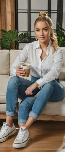 Penny Mosby, blonde hair, ponytail, blue eyes, natural makeup, casual wear, white shirt, jeans, sneakers, sitting on a couch, relaxed pose, modern living room, wooden coffee table, plants, softbox lig