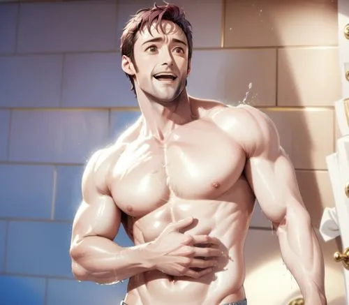 young Hugh jackman shirtless. sweaty, grinning, white teeth,a man without his shirt is smiling next to a sink,hrithik,muscle man,body building,muscleman,musclemen,nudelman,Anime,Anime,General