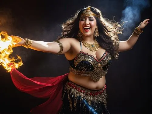 Chubby girl, belly dancer, Middle Eastern style, sparkly costume, bare midriff, layered skirt, jingling belt, flowing hair, bright red lipstick, shimmering eyeshadow, golden jewelry, smiling face, ene