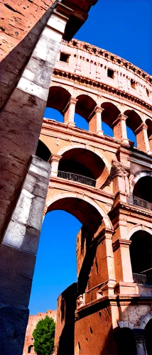 Ancient Roman architecture, Colosseum, daytime, sunny sky, blue atmosphere, stone columns, arches, grandeur scale, detailed texture, weathered walls, panoramic view, wide-angle lens, high contrast, wa