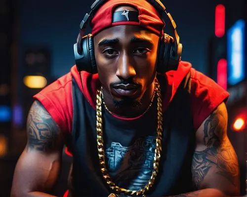 Tupac Shakur, Fortnite gamer, African American, gold chain, tattoos, athletic build, sleeveless shirt, ripped jeans, red sneakers, gaming headset, intense gaze, competitive pose, dark background, neon