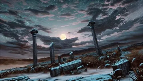 post-apocalyptic landscape,fantasy landscape,fantasy picture,necropolis,lunar landscape,futuristic landscape,graveyard,wasteland,northrend,old graveyard,desolation,desolate,apocalypse,post apocalyptic,sci fiction illustration,fantasy art,dark world,ice planet,post-apocalypse,winter landscape