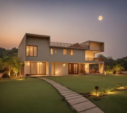 (A perspective view of villa:1.5),(garden:1.2),(dusk:1.0),(CANON EOS 5D:1.0),build by mirza golam pir,3d rendering,modern house,dunes house,residential house,beautiful home,floorplan home,holiday vill