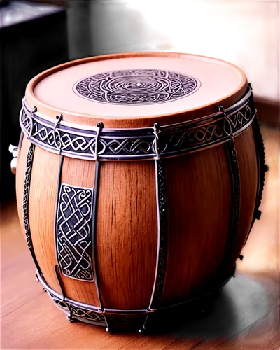 Drum, ancient Celtic instrument, solo, traditional wood material, intricate carvings, brown texture, shiny metal rings, vertical composition, soft natural light, warm color tone, cinematic atmosphere,