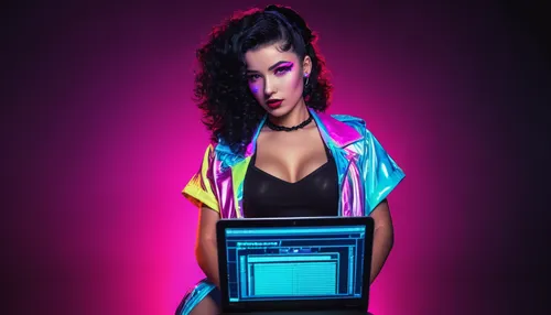 retro woman,retro girl,neon light,80s,neon lights,diskette,neon body painting,cyber,girl at the computer,retro women,computer art,retro background,cyberpunk,neon,briefcase,computer,computer icon,compute,jukebox,computer freak,Conceptual Art,Sci-Fi,Sci-Fi 28