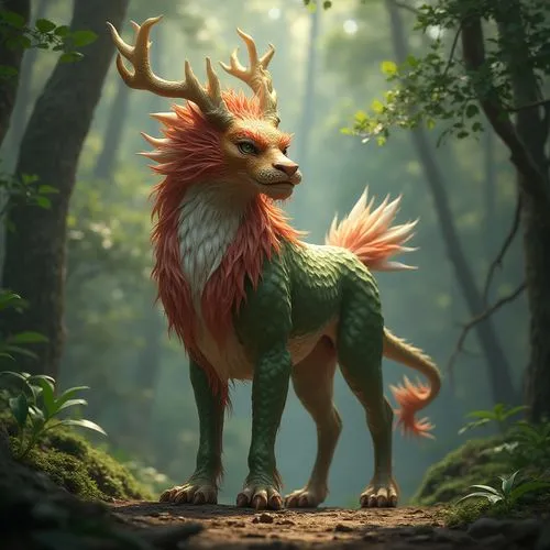 Realistic Painting of fantasy monster a Qilin from Chinese mythological creature, dragon head, lion body, beautiful deer horns, long tail with white furry tip, golden scales, skin a mix of green and r