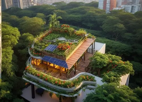 In the heart of the city, a rooftop garden filled with lush greenery and vibrant blooms stands tall. The skyscrapers of the garden are adorned with sleek glass facades, and the neon lights of the buil