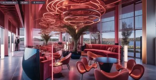 a lobby with large red chairs and windows,faena,skybar,lounges,jalouse,mahdavi,andaz,Photography,General,Realistic