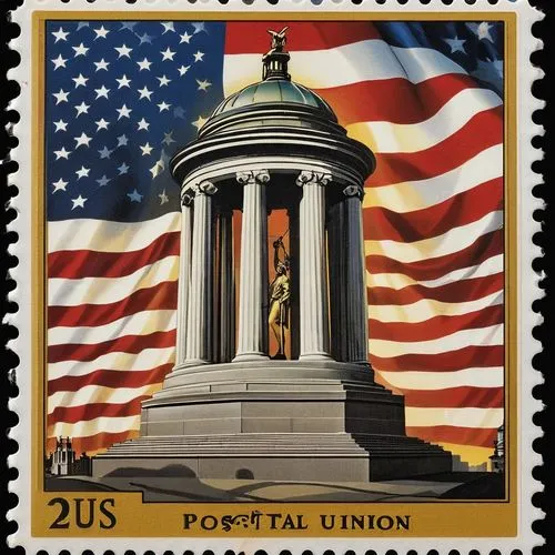 The iconic Union Postal Union (U.S.) monument comes to life as a rectangular postage stamp in shades of 24.6 x 166.5 stands tall on the corner, proudly displaying the iconic image. The yellow, white, 