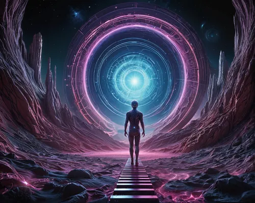 a man standing in front of a tunnel that has spiral lines, and stars on it,ozma,transmute,samuil,buuren,zadkiel,zenobius