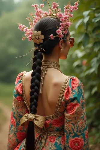 vietnamese woman,khamti,hmong,bihu,girl in a long dress from the back,girl in flowers