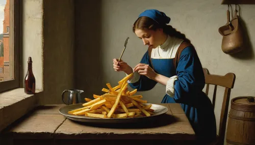 girl in the kitchen,girl with bread-and-butter,woman eating apple,woman holding pie,pommes dauphine,cleaning woman,italian painter,woman with ice-cream,belgian fries,grant wood,breton,hollandaise sauce,viennese cuisine,woman playing,french fries,oil painting,housework,flemish,painting technique,meticulous painting,Art,Classical Oil Painting,Classical Oil Painting 41