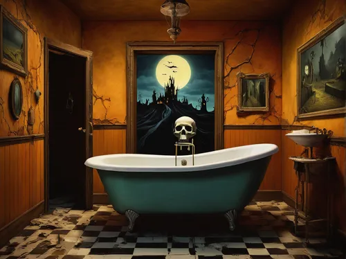 the girl in the bathtub,washroom,doctor's room,bathroom,rest room,halloween poster,vintage wallpaper,bathtub,halloween travel trailer,halloween background,luxury bathroom,dark cabinetry,boy's room picture,baths,yellow wallpaper,hathseput mortuary,kitchen sink,scull,play escape game live and win,washbasin,Art,Artistic Painting,Artistic Painting 20