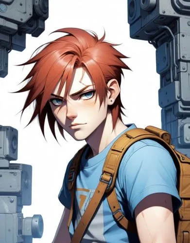 a young man in a blue shirt and brown backpack,gaige,leon,hayner,soma,sakazaki,hausser,machinist,vyse,ironworker,yuuichi,junpei,gerome,redfield,yosuke,axton,dalhausser,barnham,genda,masaru,fuchao