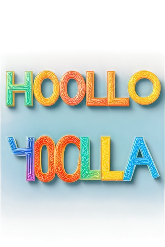 Hola clipart, colorful, festive, Latin-inspired, decorative letters, bold font, golden accents, subtle gradient effect, 3D-like texture, shiny surface, close-up shot, high contrast lighting, vibrant c