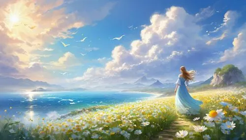 sea of flowers,dandelion field,dandelion meadow,fantasy picture,landscape background,blooming field,fantasy landscape,dream world,springtime background,fantasia,fairy world,flower field,field of flowers,dandelion background,spring background,daffodil field,dreamland,idyll,spring morning,world digital painting,Illustration,Realistic Fantasy,Realistic Fantasy 01