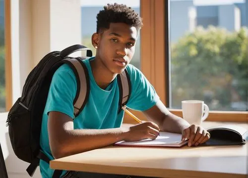 Architecture student, young adult, (20yo), casual wear, backpack, books, ruler, pencil case, laptop, coffee cup, sitting, drafting table, studio, afternoon sunlight, softbox lighting, 3/4 composition,