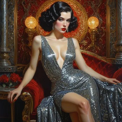 dita,dita von teese,ziegfeld,art deco woman,dolcenera,contessa,zorita,vanderhorst,odalisque,burlesque,cleopatra,burlesques,ziegfield,tretchikoff,eldena,viveros,elvira,elegante,mademoiselle,evening dress,Illustration,Realistic Fantasy,Realistic Fantasy 03