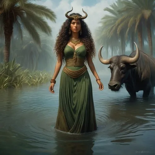 water buffalo,fantasy picture,polynesian girl,fantasy art,the zodiac sign taurus,mythological,crocodile woman,aurochs,african buffalo,fantasy portrait,buffalo herder,tribal bull,taurus,minotaur,horoscope taurus,mythical creature,nile river,fantasy woman,girl on the river,horned cows,Illustration,Realistic Fantasy,Realistic Fantasy 03