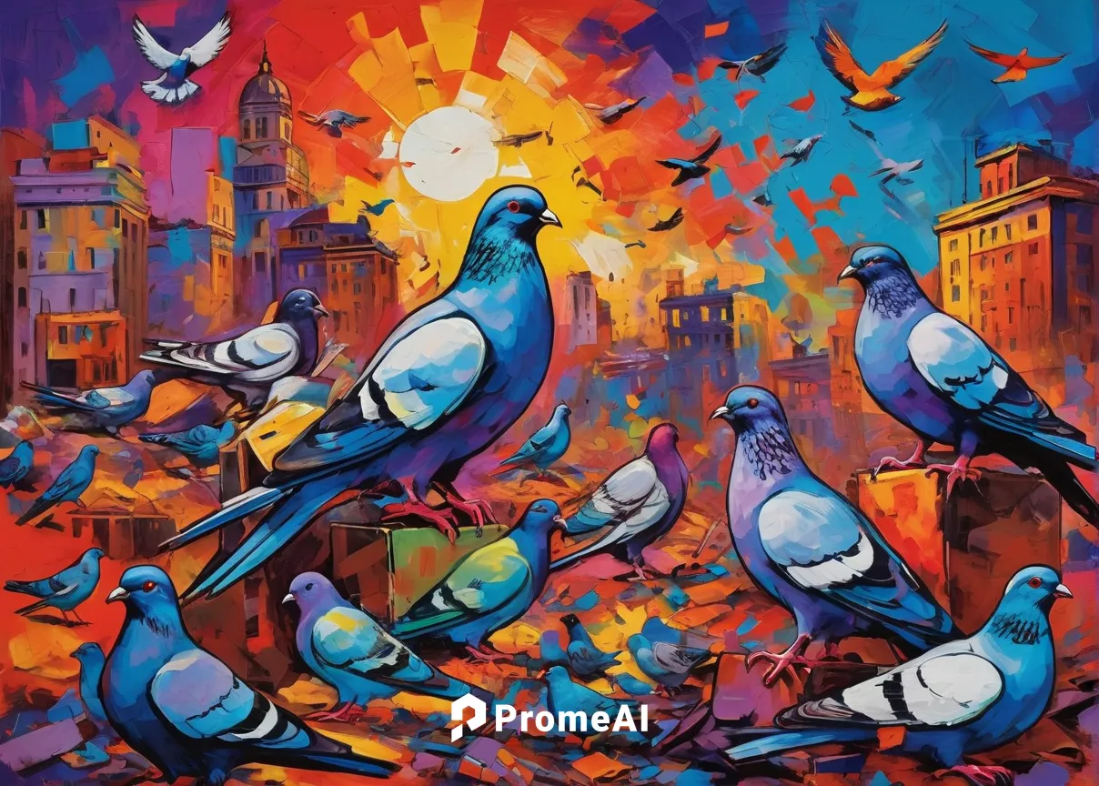 In a post-apocalyptic city, describe the eerie sight of pigeons building massive piles of scrap metal.,pigeons,pigeons without a background,colorful birds,city pigeons,a flock of pigeons,feral pigeons