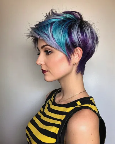 20 Ideas of Trendy Pixie Haircuts With Vibrant Highlights,pixie-bob,pixie cut,asymmetric cut,blue hair,pixie,natural color,pompadour,semi-profile,feathered hair,yellow and blue,beehive,lilac breasted 