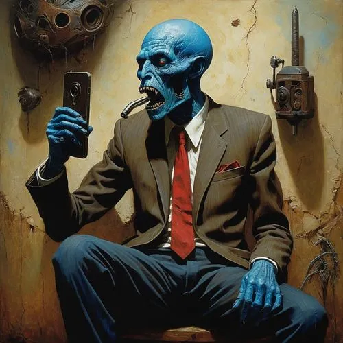 dr. manhattan,blue demon,smurf,blue mold,smartphone,cell phone,blue monster,man talking on the phone,phone icon,blue painting,smoking man,texting,man with a computer,selfie,blue room,mean bluish,self-portrait,droid,blu,wreck self,Conceptual Art,Oil color,Oil Color 09