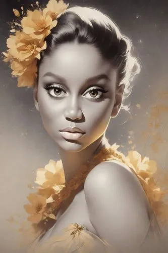 rolf armstrong style, woman drawn in single line, simple design, flowers


,a portrait of a young woman with flowers in her hair,oshun,tretchikoff,colorism,gold paint stroke,gold foil art,world digita